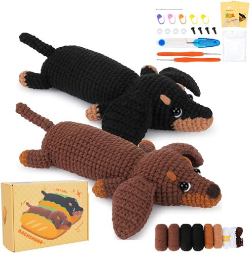 Häkelset für Anfänger - Tier Kit Komplett mit Dackel Hund Häkeln - Garn, Haken, Nadeln und Schritt für Schritt Video - Einsteiger Set Dachshund