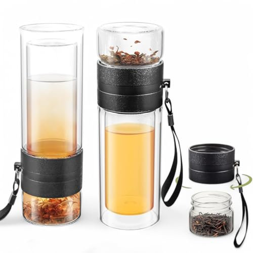 vienberg Bouteille à thé de voyage – Verre à double paroi 230 ml + récipient à thé de 120 ml | Infuser le thé directement dans la bouteille | 100 % étanche | Tea to go | Verseuse à thé verte Bouteille