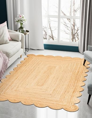 Trademoon Alfombra india tejida a mano de yute natural con diseño festoneado de yute, alfombra de yute para dormitorio, sala de estar, felpudo de 90 cm x 150 cm