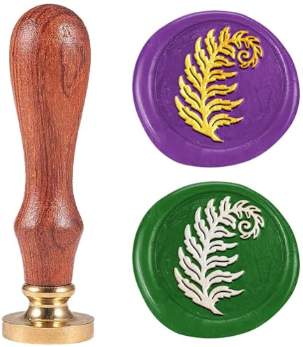 DELORIGIN Sceau de Cire en Forme de Feuilles de Fougère Tampon en Relief Amovible 1 tête de Sceau en Laiton avec Manche en Bois Cire à Cacheter pour Anniversaires Invitations Cartes