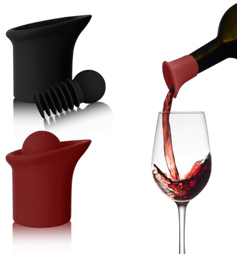 DGMDGS 2 Pack 2 in 1 Silicone Wine Bottle Stoppers & Pourers, Upgraded Reusable Wine Preserver, Champagne Stoppers with Vacuum, Ideal Gift Accessory for Wine Lovers (Black&Red)