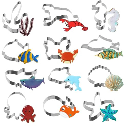 Ocean Creatur kakmått set, 12 stycken, rostfritt stål | Havsdjur kakformar, för fondant, kex, kakor, bröd grönsaker kakskärare, tårtdekorationer