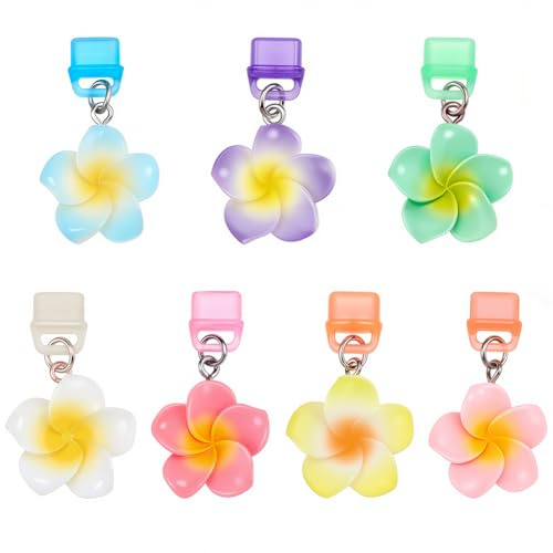 BEAMARKER 7Pcs 7 Colors Dust Plug Charms Type-C Mobile Dustproof Plugs Anti Dust Charging Port Charm with Resin Flower Colorful Pendant PVC Plastic USB C Port Cap Protector for Most Type C Phone
