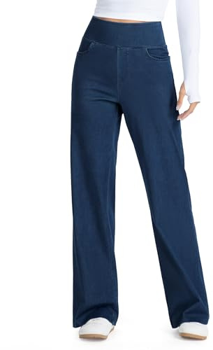 THE GYM PEOPLE Women's Wide Leg Jeans High Waisted Pull on Stretchy Baggy Basic Straight Denim Pants with Pockets Dark Blue