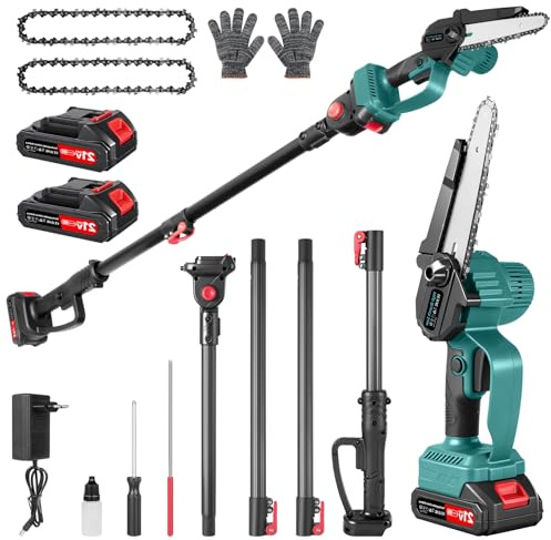 Teodute Eléctrico Pertiga Telescopica Podar, 2-in-1 Pertiga Podar, 4500 rpm/min, Alcance Máximo 2,4m, 2 X 2000mAH, Sierra de Podar Telescópica para Podar Palmas y Arbustos