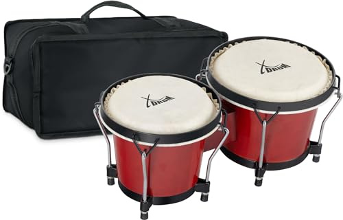XDrum PERC Bongos Club Rojo Vino - 2 Tambores de 6 y 7 - Bongos con pieles naturales afinables y llave de afinación - Tambores de madera rojo vino - Set incl. bolsa acolchada para bongos de nylon