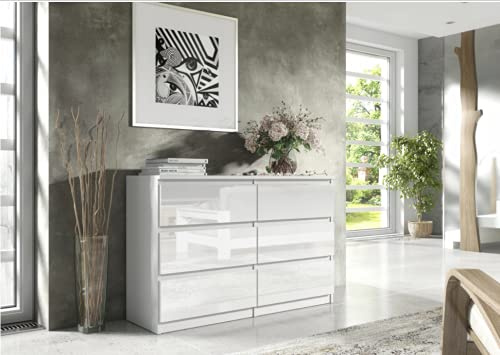 3xE living Elegant och rymlig byrå med 6 lådor, 120 cm, vit/blank vit, Mått: 120 x 38 x 78 cm