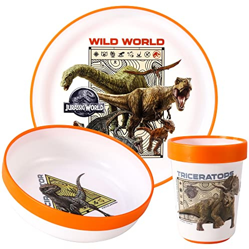 Jurassic World - Juego de vajilla de mesa para niños, 3 piezas, bicolor de alta calidad, sin BPA