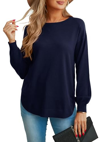 GRECERELLE Maglione da donna a maniche lunghe, leggero, girocollo, casual, morbido, lavorato a maglia, Blu navy, Large