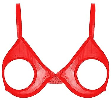 Nyeemya Sujetador Abierto para Mujer, Sujetador erótico, Ropa Interior sin Pecho, Tirantes Finos, Top de Bikini con Recortes, Top de lencería Sexy Rojo L