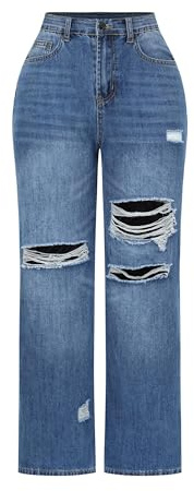 THUNDER STAR Womens High Waisted Wide Leg Jeans Stretchy Distressed Denim Pants Blue S