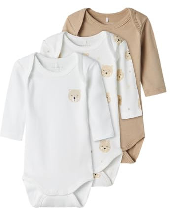NAME IT Unisex NBNBODY 3P LS Bear NOOS Bodystocking, Oxford Tan, 80 (3er Pack)