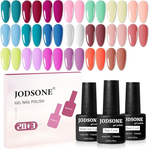 JODSONE Kit de esmalte de gel de 23 piezas, juego de gel de uñas clásico de moda colorida, 3 botellas de capa base, capa superior mate y brillante