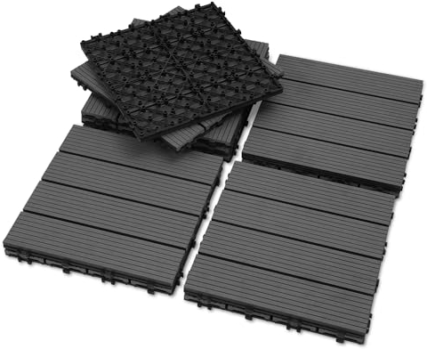 Fiqops 44 Stück WPC Terrassenfliesen, 30x30 cm Balkon Bodenfliese,Gartenfliesen mit Klick-System,Terrassendielen Balkonfliesen Klickfliesen,Terrassendielen Wasserfest für Terrasse,für 4m² Anthrazit