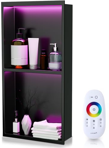 Vercraft 24'' x 12'' LED Light Stainless Steel Shower Niche with RGB Colorful Remote Control Matte Black No Tile Needed Wall Niche Insert Recessed Double Shelves for Bathroom Storage