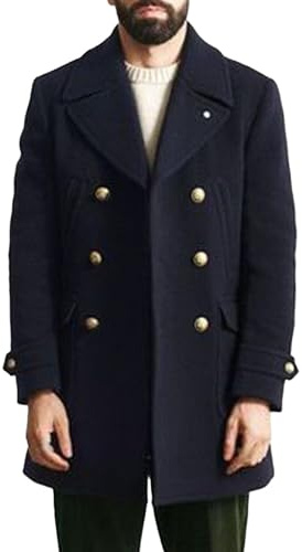 Men's Trench Wool Blend Coat Military Double-Breasted Warm Overcoat Jackets Winter Laple Solid Long Pea Coat with Pockets Navy