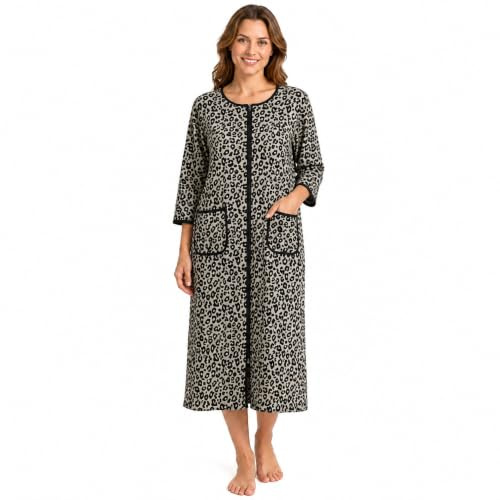 RONGTAI Women's Zip Front Dressing Gown，3/4 Sleeve Housecoat | Soft cotton robe with zip closure, roomy pockets & relaxed fit for lounging, sleeping, and everyday home wear