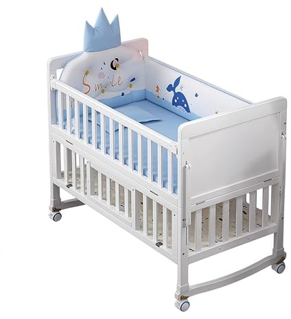 XULOEGYUNE 5-in-1 Convertible Crib, Crib to Toddler Cot, New Zealand Pine, With five-piece set（pink）(Style 1,Small)