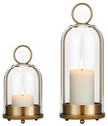 Havmorph 5&4 Hurricane Glass Candle Holders, Hanging Brass Metal Candle Holder for Pillar Candles Table Coffee Table Decor Interior Decoration