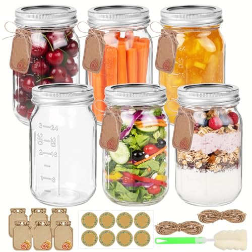 Wide Mouth Graduated Canning Jars,6-Pack 32 oz Glass Mason Jars with Silver Lids & Bands. Perfect for Overnight Oats, Homemade Jam, Pickling, Fermenting,and DIY Candle Holder Crafts (1000 mL)