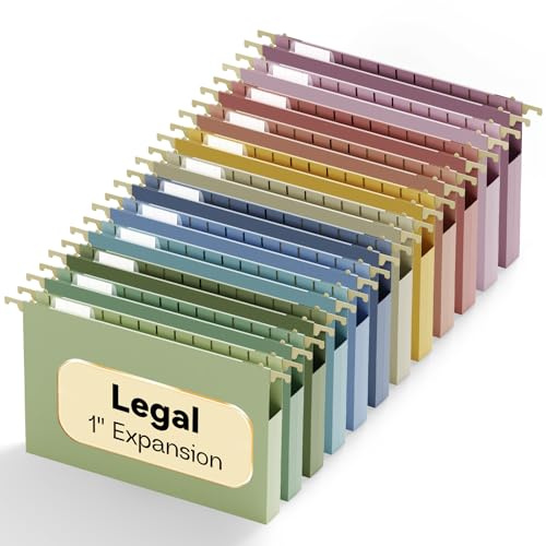 NORDUN Plastic Hanging File Folders Legal Size,Heavy Duty 1 Expandable Filing Cabniet Folder with Tabs,12 Pack Sturdy Hang Folder for File Frame/File Box,Pastel Color Hanging File Organizer