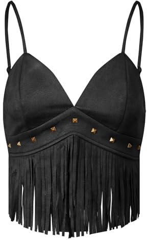 Edhomenn Womens Fringe Cowgirl Top Y2k Faux Suede Tassel Cowboy Tank Top Spaghetti Strap Backless Going Out Crop Tops Western Hippie Outfits