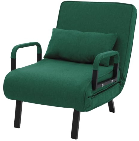 ML-Design Bäddsoffa med Sängfunktion, 3-i-1 Fåtölj med Sovfunktion, Hopfällbar Bäddfåtölj, Fåtölj med Justerbart Ryggstöd, Vikbar Sovfåtölj, Gästsäng med Stålram, Chenilletyg för Vardagsrum Mörkgrön