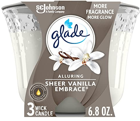 Glade Sheer Vanilla Embrace 3-Wick Candle, Infused with Essential Oils, Air Freshener, 6.8 Oz