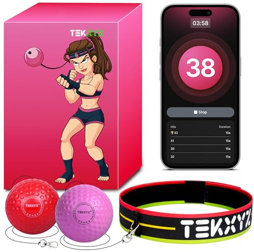 TEKXYZ Reflex Ball with Counter App & Online Community, 2 Difficulty Levels Boxing Ball with Headband, Perfect for Reaction, Agility, Punching Speed, Fight Skill & Hand Eye Coordination Training