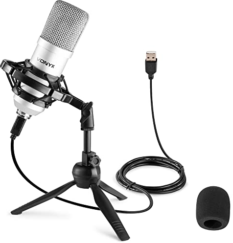 VONYX CMS300S USB Condenser Microphone Set - Silver Podcast Mic with Desktop Tripod, Pop Filter, Shock Mount, Ideal USB Mic for Podcasting, Streaming & Home Studio Recording