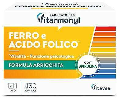 Ferro Acido Folico - Integratore Alimentare a base di Ferro e Acido Folico, con Spirulina - Per il Sistema Immunitario - Multivitaminico - Confezione da 30 capsule - Vitarmonyl