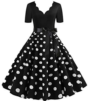 EFOFEI Damen Vintage Hepburn Cocktailkleid 50er Cap Ärmel Swing Kleider Kurze Ärmel Cocktailkleid mit Gürtel Kleid Schwarz L