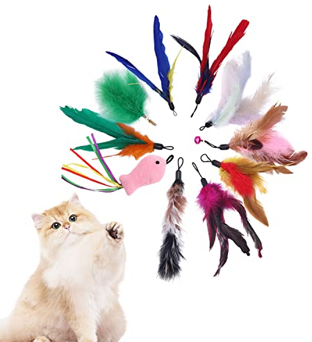 VIKSAUN 10 Stück Katzenangel Ersatzfedern mit Anhänger Feder Glocke Befestigungen Wurmkatzen Blauer Fliegender Fisch für Kätzchen,Federspielzeug Katzenspielzeug,Interaktive Katzen Spielzeug