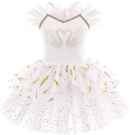 Enfant Filles Tutu Robe Ballet Déguisement lac des cygnes Justaucorps Camisole sans Manches Body Gymnastique Jupe Tutu Vêtements Danse Salon avec Plume Strass Blanc - avec Plume 5-6 Ans