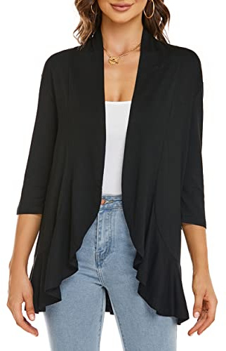 YULOONG Femmes Automne Cardigan Couleur Unie été Décontracté Léger Couverture Ups 3/4 Manches Ouvert Devant Drapé Volants Printemps Haut Noir 3XL