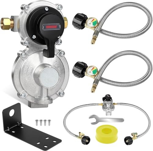 NQN 2-stufiger automatischer Umschalt-LP-Propangasregler mit Zwei 45,7 cm RV-Pigtail-Propanschläuchen mit Manometer, rostfreier geflochtener QCC1 6,35 mm umgekehrter Außengewinde, ideal für Anhänger