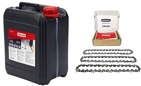 Oregon - Huile pour Chaîne et Guide-Chaîne de Tronçonneuse, 5 L (O10-4936) & 91P - Lot de 3 Chaînes de Tronçonneuse pour Guide-Chaîne de 18 (45 cm), 62 Maillons d'Entraînement, Faible Rebond