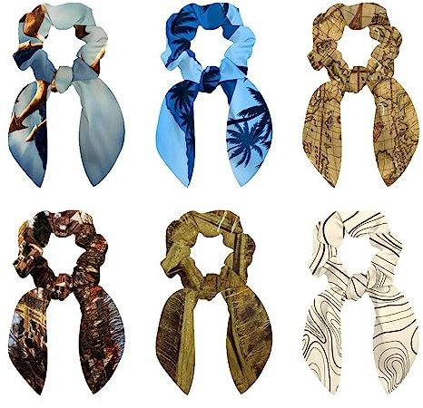 6PCS Hair Scarf Scruncheis for Women Girls, Ribbon Bow Elastic Hair Ties Bands Satin Hair Ribbon Scrunchy Ponytail Holder Accessories,Night of Palm