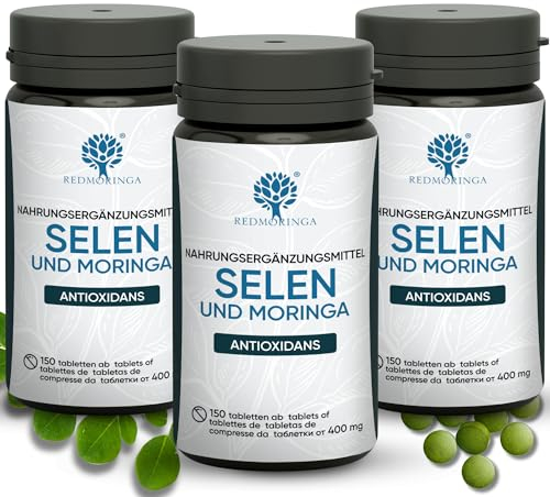 Selen Nahrungsergänzungsmittel | 450 Vegane Selen-Tabletten mit 100 mcg & Bio Moringa | Unterstützt Immunsystem, Schilddrüse, Haare und Nägel | Made in Italy von Red Moringa®