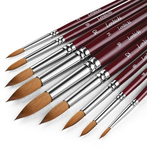Sable Hair Watercolor Brushes Professional,9pcs Mop Round Fine Tip Detail Watercolor Paint Brush Set,Ideal for Gouache Acrylic Ink Painting