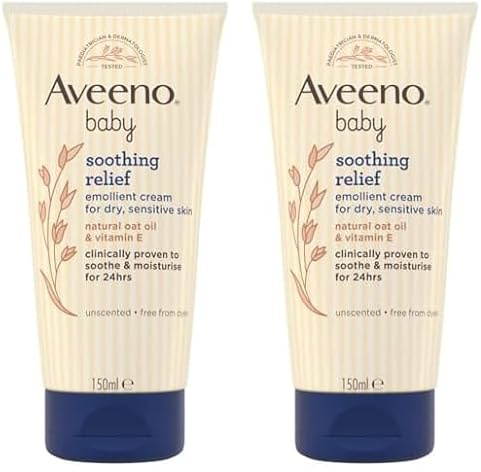 Aveeno Baby Soothing Relief Emollient Cream (2x 150ml), Unscented Baby Cream with Natural Oil & Vitamin E, Soothes and Moisturises for 24 Hours, for Dry, Sensitive Skin Prone to Irritation