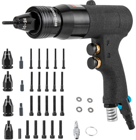 Pneumatic Rivet Nut Gun 10-24, 1/4, 5/16, 3/8 Gun Heads Air Rivet Nut Pull Setter Tool Quick-Change Nose-Piece Assembly 20 Mandrels Included Industrial Grade Air Rivnut Gun