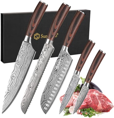 Sunnecko Set Coltelli da Cucina Professionali - Coltello Spelucchino Santoku Giapponese Chef Pane Universale 5 pezzi in Acciaio Inox, per Ristorante Carne Verdure Frutta