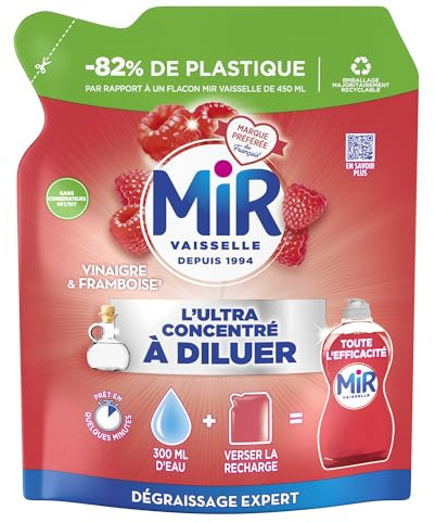 Mir Vaisselle -L'Ultra Concentré à Diluer -Vinaigre & Framboise -Dégraissage Expert -Efficace à Froid -Vinaigre Blanc -Sans Conservateurs -Sans Allergènes Parfum - Marque Préférée des Français- 150 ml