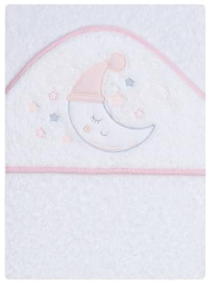 various Asciugamano da bagno per bambini con cappuccio, 100 x 100 cm, 100% spugna di cotone, morbido e assorbente, ideale per neonati e bambini piccoli, con motivo luna, colore: bianco/rosa
