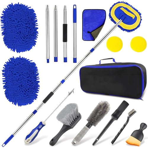 Balai de Lavage de Voiture avec Long Manche, Brosse de Lavage de Voiture de 155 cm avec poignée télescopique, kit de Nettoyage 2 en 1 Chenille en Microfibre Chenille avec Sac de Rangement pour