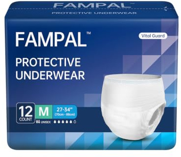 FAMPAL Vital Guard Adult Incontinence Pants for Men and Women, Disposable Pull-Up, Odor Control, Overnight Protection, Unisex, Medium, 12 Count