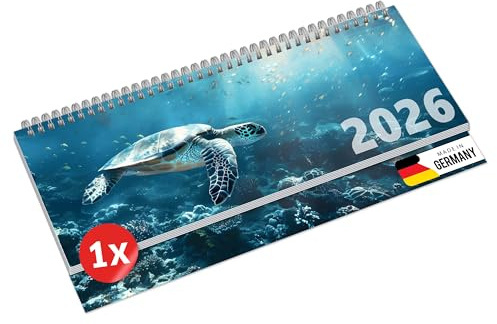 Primus Print Calendrier de bureau 2026 semainier paysage – 64 pages – 297 x 130 mm – Papier naturel 75 g, reliure à spirale, vacances et vacances scolaires – Individuel – Tortue