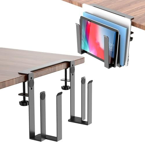 Support de Fixation Latéral Réglable pour Ordinateur Portable Rangement Latéral de Bureau pour Laptop Montage sans Perçage Organisateur Latéral en Métal de Table, pour Tablettes Livres (Double couche)