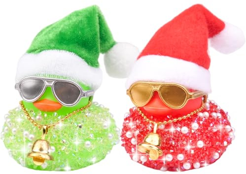 Mwmoeen 2 Stück Gummi Enten Auto Dekorationen | Weihnachten Gummi Ente Auto Armaturenbrett Dekorationen Mit Weihnachtsmütze und einer Sonnenbrille für Auto, Haus Dekoration